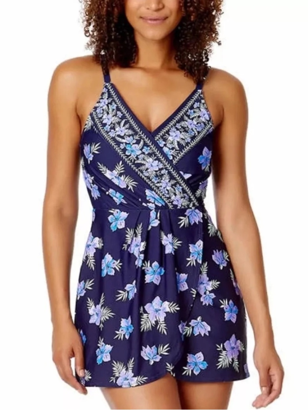 Lands' End Blue Tulip Wrap Navy Convertible Straps Swim Dress Bathing Suit S